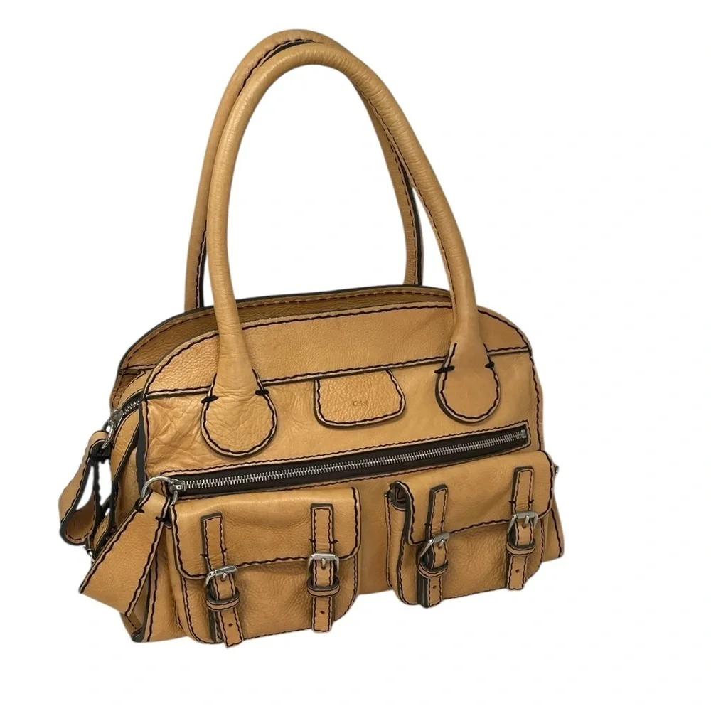 CHLOE Satchel Tote Purse Camel Brown Leather Buttery Pebbled Leather Luxury